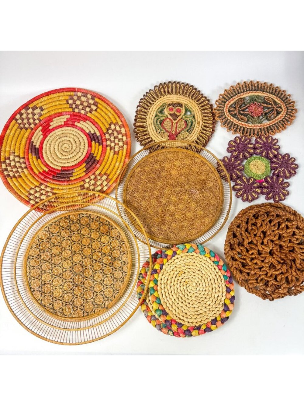 Vintage Woven Rattan Cisal Straw Boho Placemats And Decorative Trivets Set Of 10